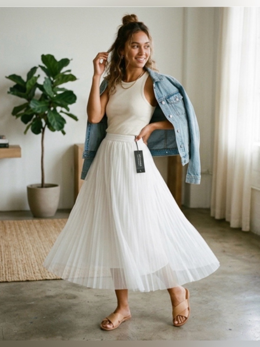 Jon & Anna Contemporary White Pleated Tulle Midi Skirt Size Large (NWT)